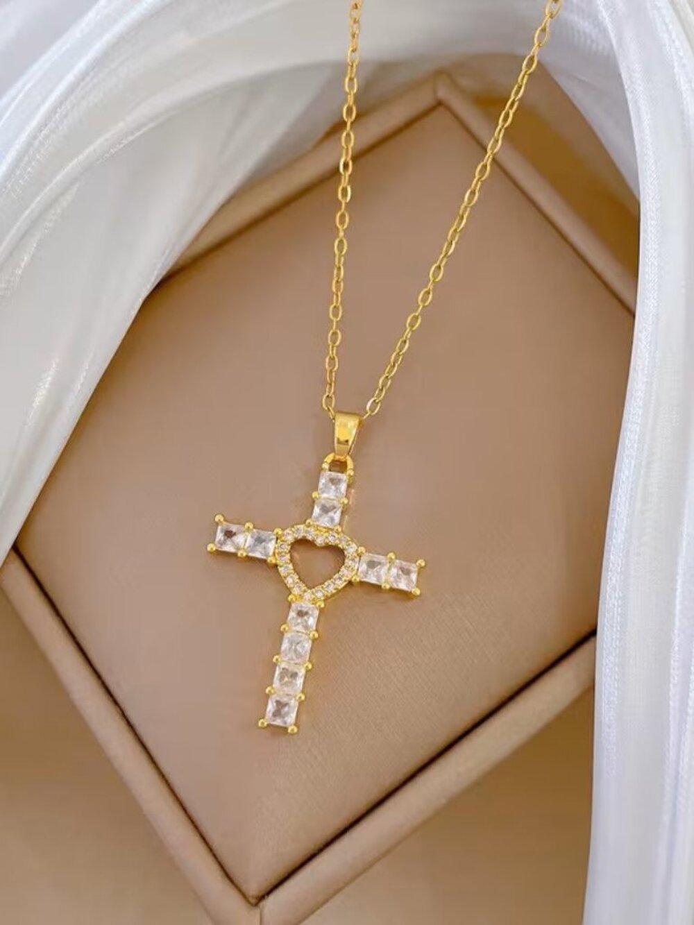 Heart Cross Pendant Necklace Christian Faith Love Charm Womens Gift Dainty Cute